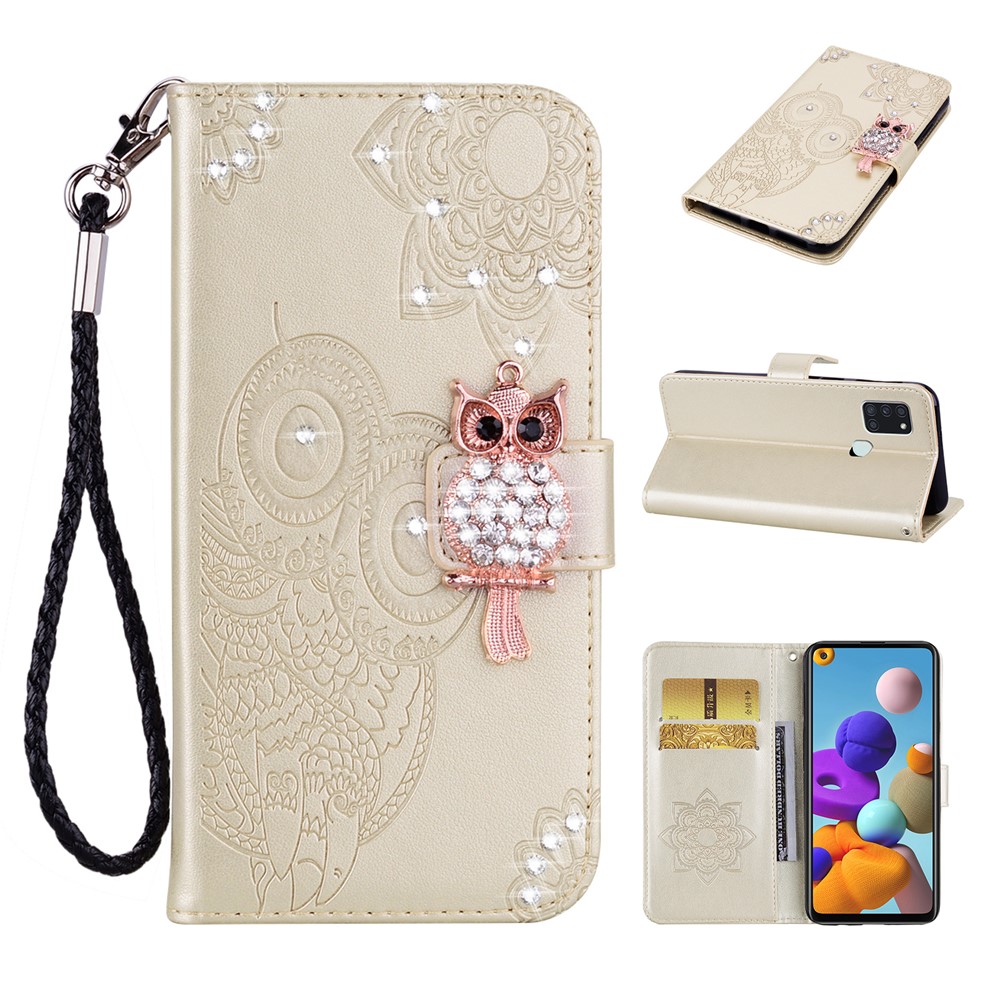 Owl Imprint Rhinestone Decor Leather Phone Cover Case for Samsung Galaxy A21s - Gold-1