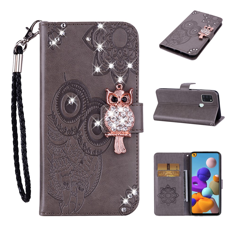 Owl Imprint Rhinestone Decor Leather Phone Cover Case for Samsung Galaxy A21s - Grey-1