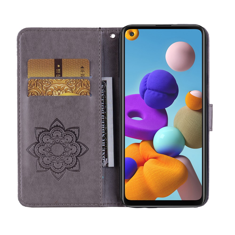 Owl Imprint Rhinestone Decor Leather Phone Cover Case for Samsung Galaxy A21s - Grey-7