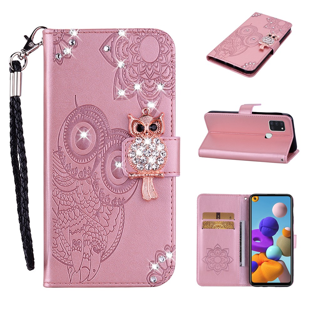 Owl Imprint Rhinestone Decor Leather Phone Cover Case for Samsung Galaxy A21s - Rose Gold-1