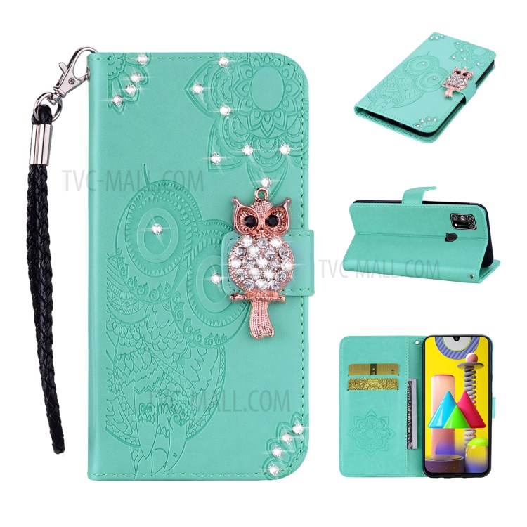 Owl Imprint Rhinestone Decor Leather Phone Stand Case for Samsung Galaxy M31 - Green-1