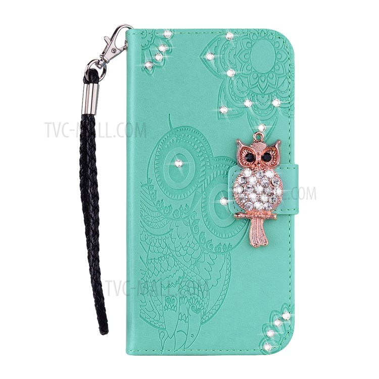 Owl Imprint Rhinestone Decor Leather Phone Stand Case for Samsung Galaxy M31 - Green-2