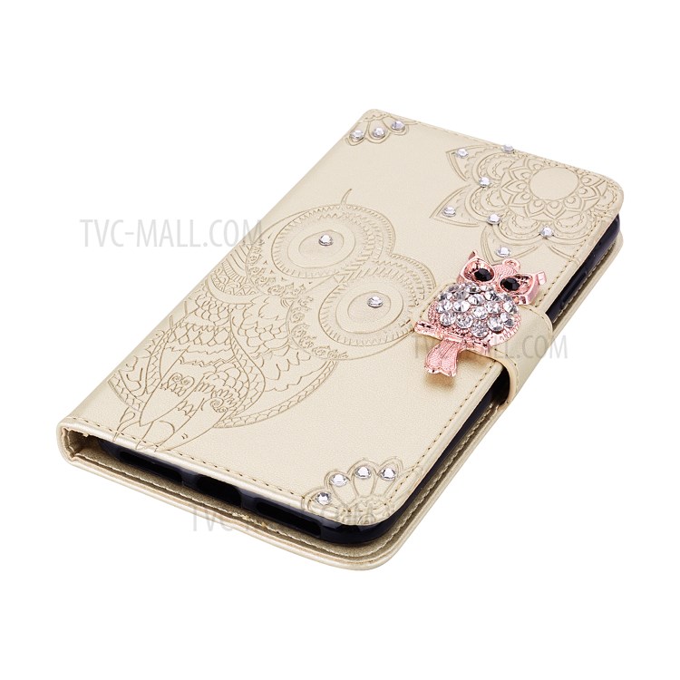 Owl Imprint Rhinestone Decor Leather Phone Stand Case for Samsung Galaxy M31 - Gold-3