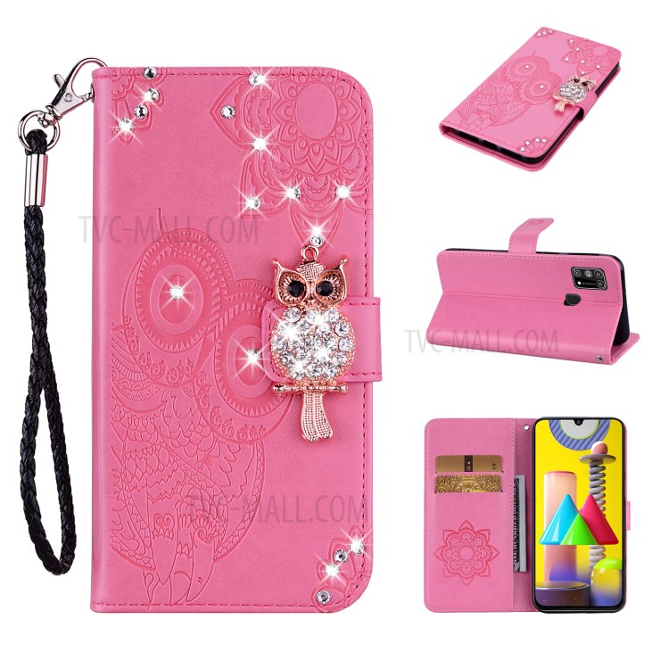 Owl Imprint Rhinestone Decor Leather Phone Stand Case for Samsung Galaxy M31 - Rose-1