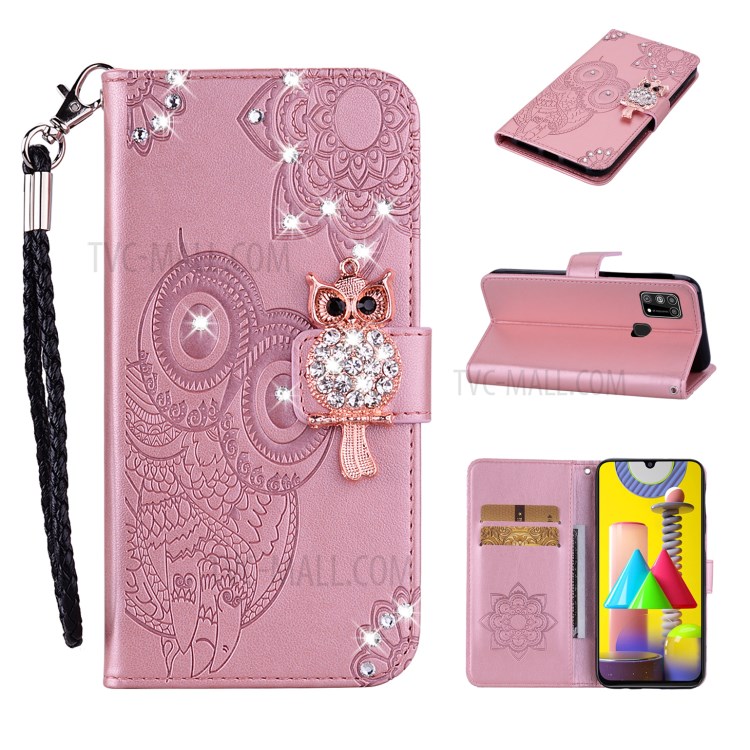 Owl Imprint Rhinestone Decor Leather Phone Stand Case for Samsung Galaxy M31 - Rose Gold-1