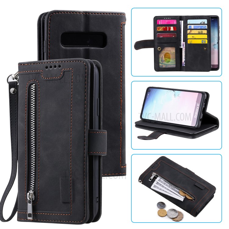 Zipper Pocket 9 Card Slots Leather Wallet Stand Phone Case for Samsung Galaxy S10e - Black-1