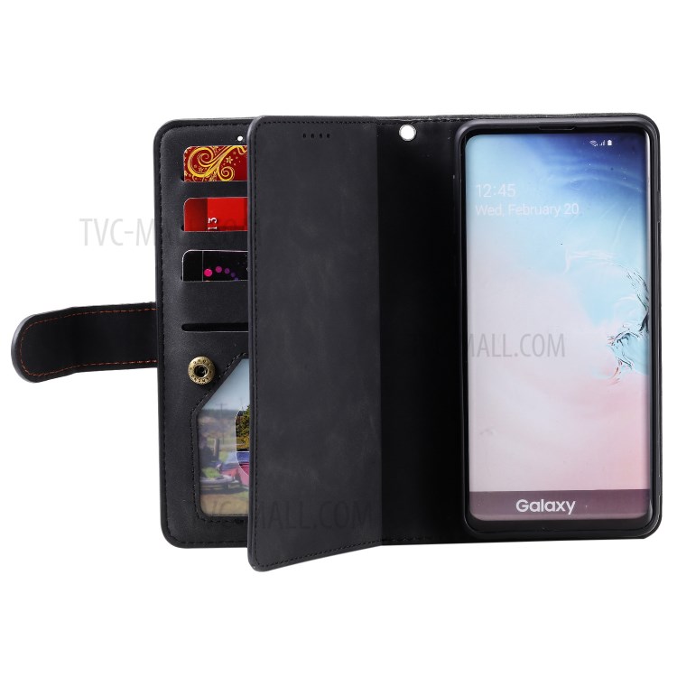 Zipper Pocket 9 Card Slots Leather Wallet Stand Phone Case for Samsung Galaxy S10e - Black-6