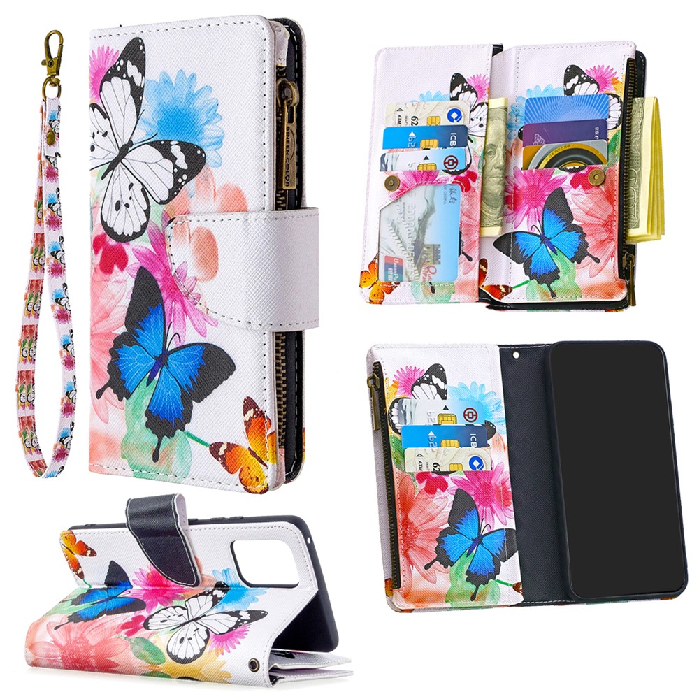 Billetera Con Cremallera Con Dibujos Múltiples Tarjetas Slots De Cuero De Cuero Para Samsung Galaxy A91 / Galaxy S10 Lite - Mariposa