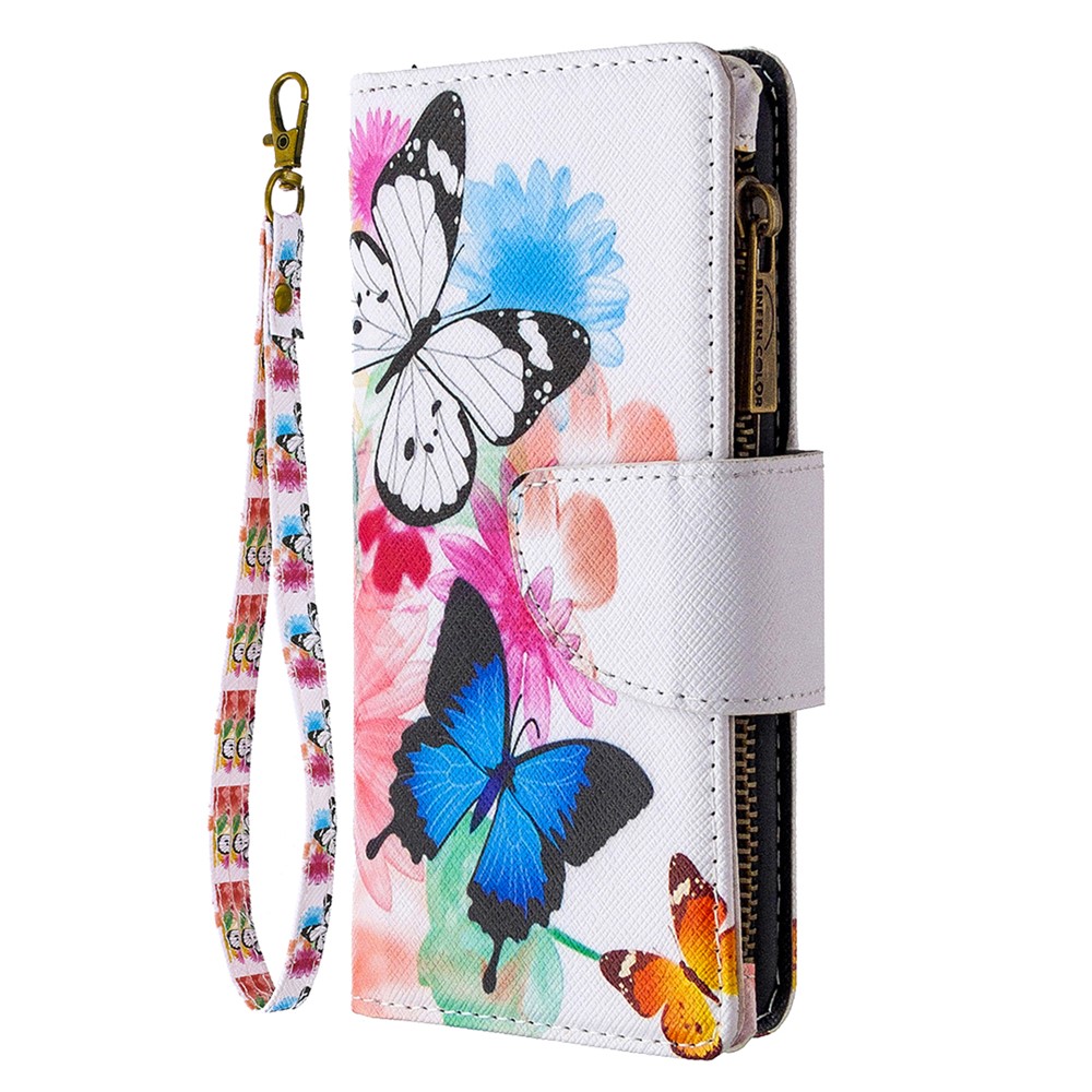 Billetera Con Cremallera Con Dibujos Múltiples Tarjetas Slots De Cuero De Cuero Para Samsung Galaxy A91 / Galaxy S10 Lite - Mariposa