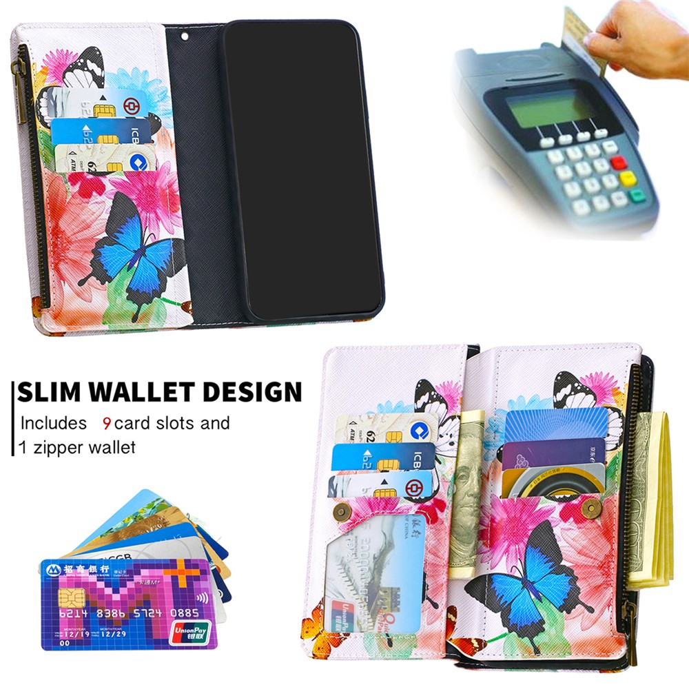 Billetera Con Cremallera Con Dibujos Múltiples Tarjetas Slots De Cuero De Cuero Para Samsung Galaxy A91 / Galaxy S10 Lite - Mariposa