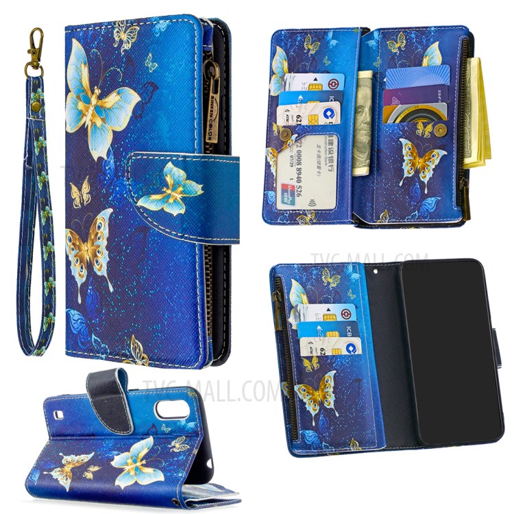 Couro De Impressão Padrão Ficar Cobertura Móvel Com Zipper Carteira Para Samsung Galaxy A01 - Borboleta Bonita-1