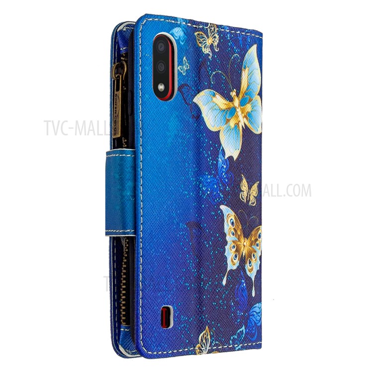 Couro De Impressão Padrão Ficar Cobertura Móvel Com Zipper Carteira Para Samsung Galaxy A01 - Borboleta Bonita-5