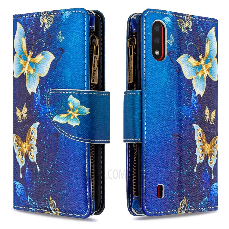 Couro De Impressão Padrão Ficar Cobertura Móvel Com Zipper Carteira Para Samsung Galaxy A01 - Borboleta Bonita-6