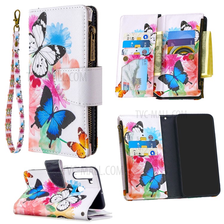 Pattern Printing Zipper Wallet Leather Case Phone Cover for Samsung Galaxy A21 - Blue and White Butterfly-1