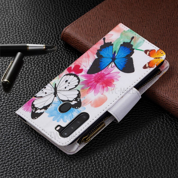 Pattern Printing Zipper Wallet Leather Case Phone Cover for Samsung Galaxy A21 - Blue and White Butterfly-3