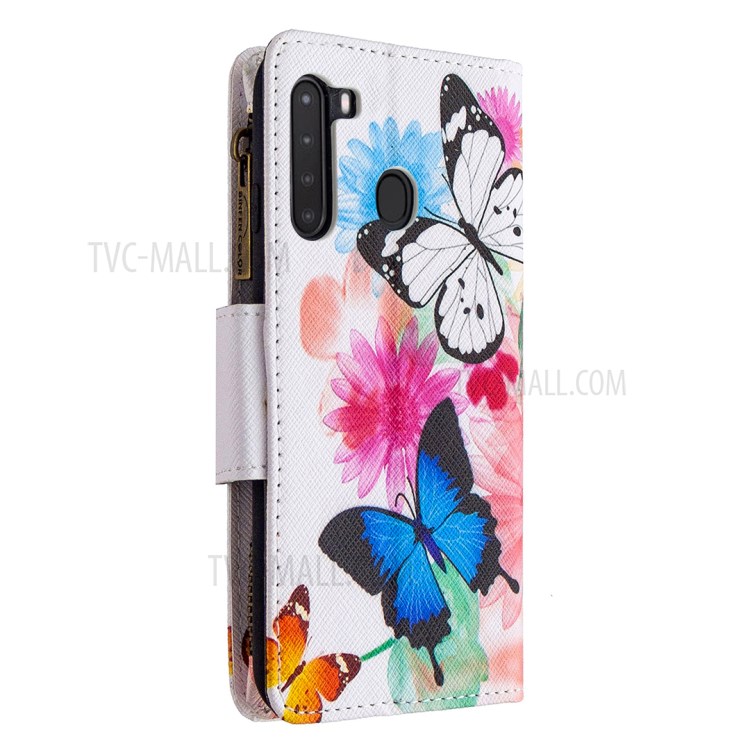 Pattern Printing Zipper Wallet Leather Case Phone Cover for Samsung Galaxy A21 -  Blue and White Butterfly-5