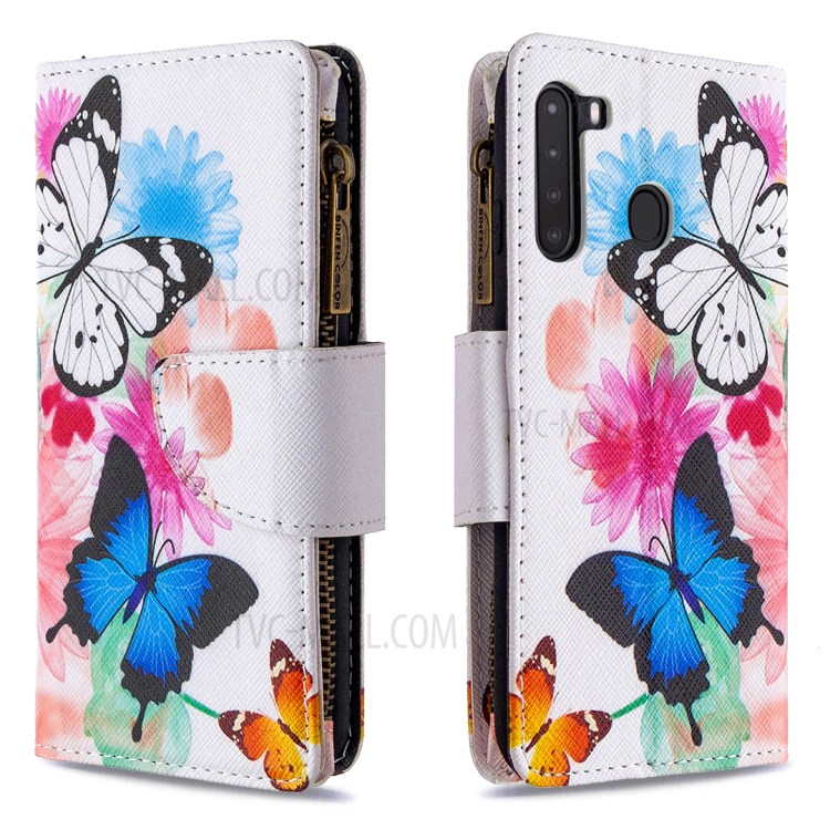 Pattern Printing Zipper Wallet Leather Case Phone Cover for Samsung Galaxy A21 - Blue and White Butterfly-6