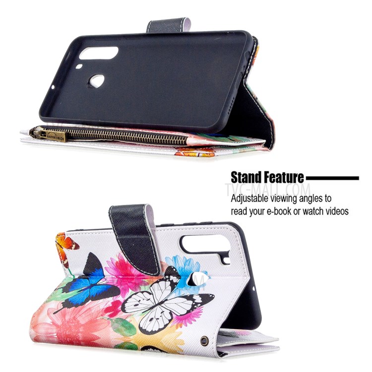 Pattern Printing Zipper Wallet Leather Case Phone Cover for Samsung Galaxy A21 - Blue and White Butterfly-7