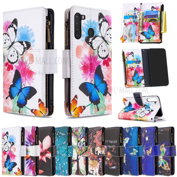 Pattern Printing Zipper Wallet Leather Case Phone Cover for Samsung Galaxy A21 - Blue and White Butterfly-9