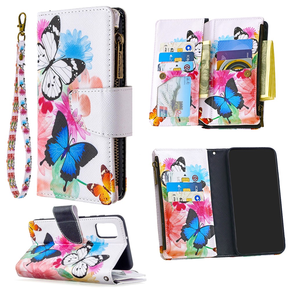 Pattern Printing Zipper Pocket 9 Card Slots Leather Wallet Case for Samsung Galaxy A41 (Global Version) - Three Butterflies-1