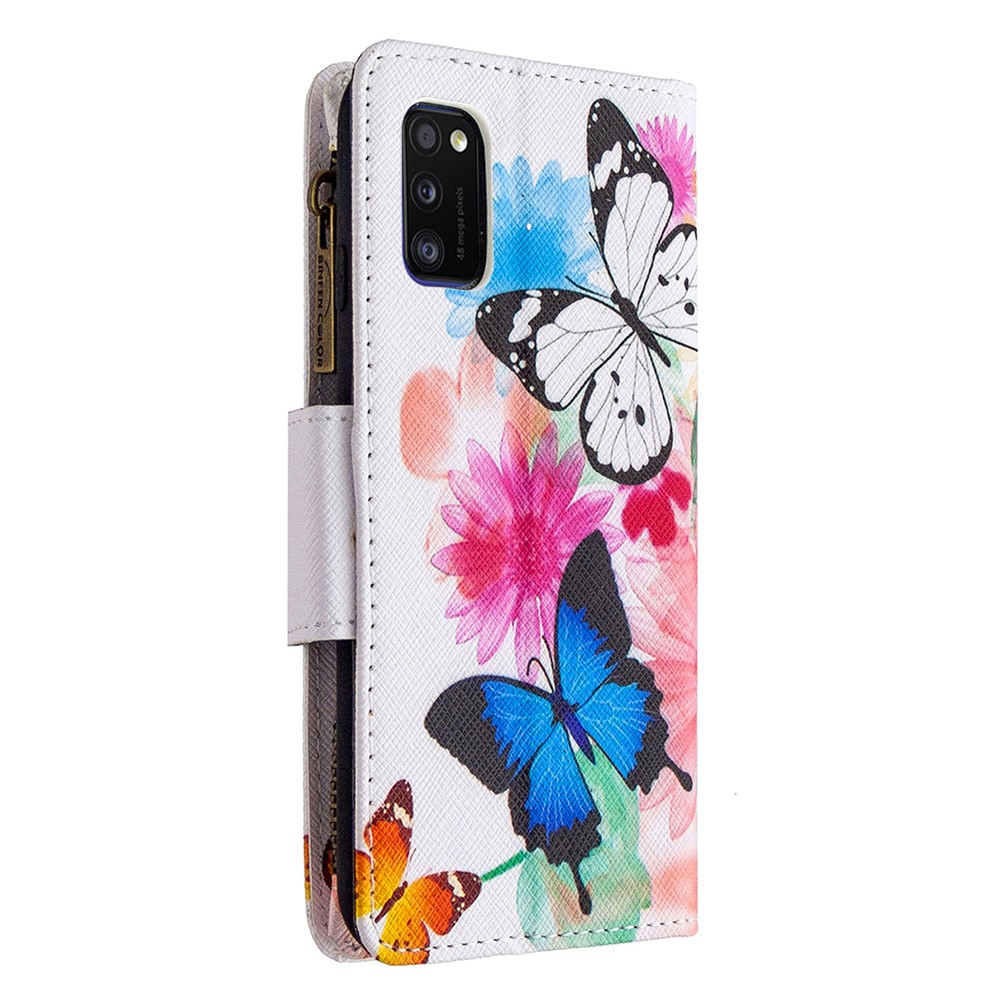 Pattern Printing Zipper Pocket 9 Card Slots Leather Wallet Case for Samsung Galaxy A41 (Global Version) - Three Butterflies-5