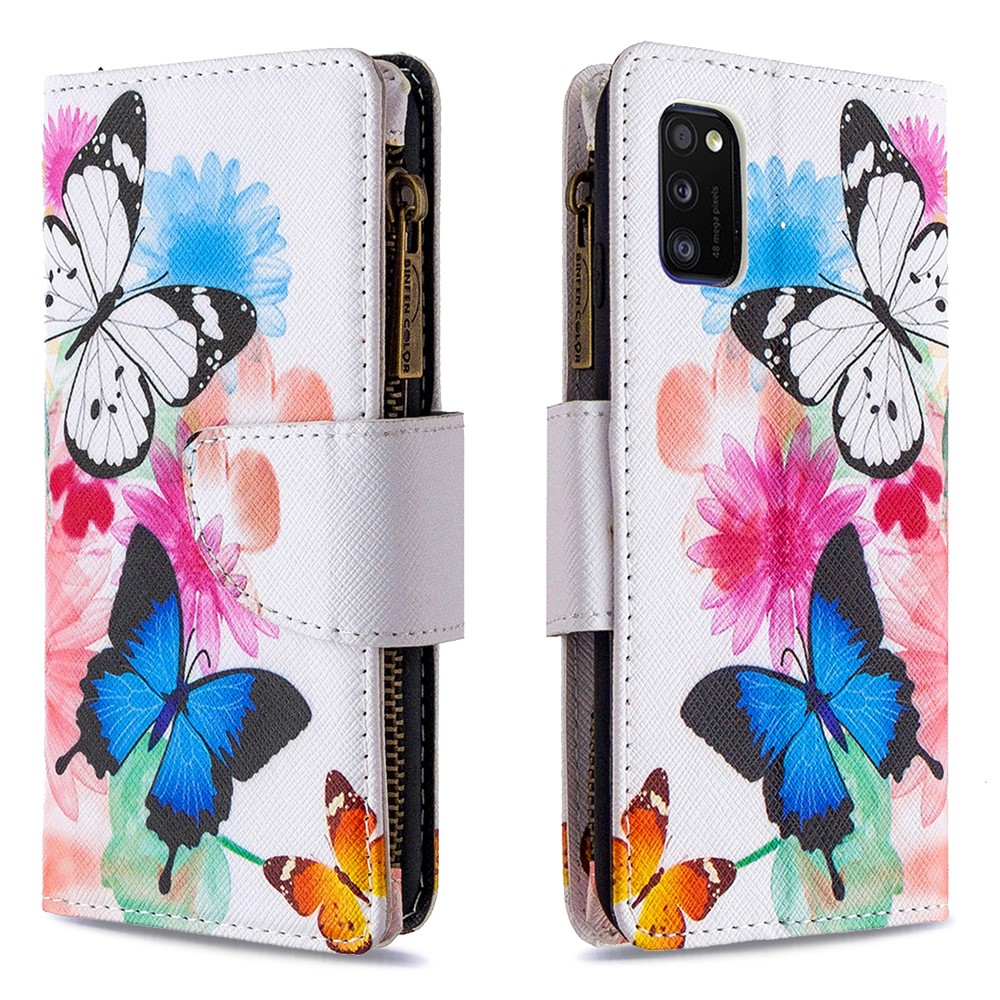 Pattern Printing Zipper Pocket 9 Card Slots Leather Wallet Case for Samsung Galaxy A41 (Global Version) - Three Butterflies-6