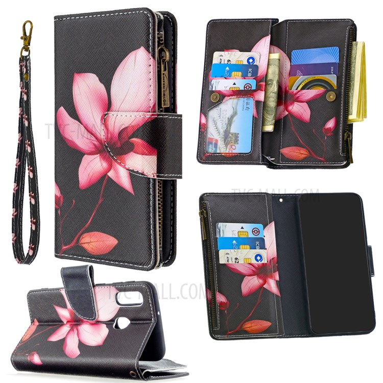 Pattern Zipper Pocket 9 Card Slots Leather Wallet Phone Case for Samsung Galaxy A20e/A10e - Lotus-1