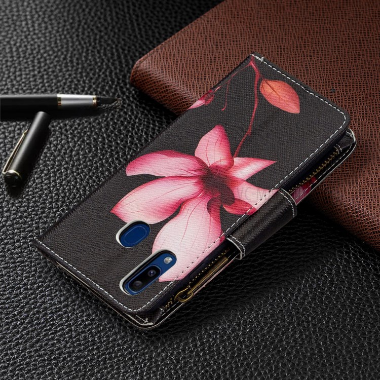 Pattern Zipper Pocket 9 Card Slots Leather Wallet Phone Case for Samsung Galaxy A20e/A10e - Lotus-3