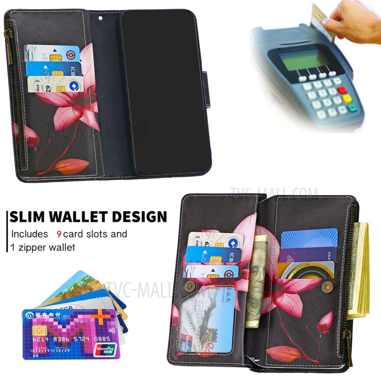 Pattern Zipper Pocket 9 Card Slots Leather Wallet Phone Case for Samsung Galaxy A20e/A10e - Lotus-8
