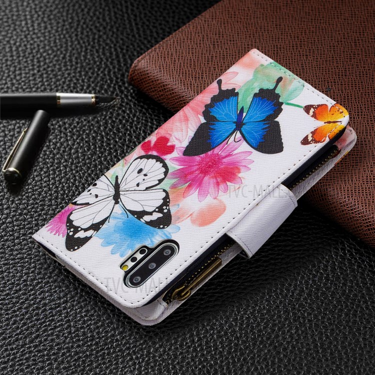 Patterned Zipper Wallet with 9 Card Slots Leather Phone Case for Samsung Galaxy Note 10 Plus 5G/Note 10 Plus - Three Butterflies-3