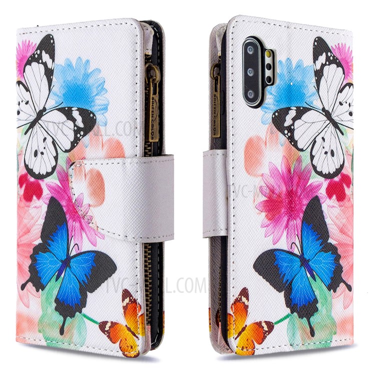 Patterned Zipper Wallet with 9 Card Slots Leather Phone Case for Samsung Galaxy Note 10 Plus 5G/Note 10 Plus - Three Butterflies-6