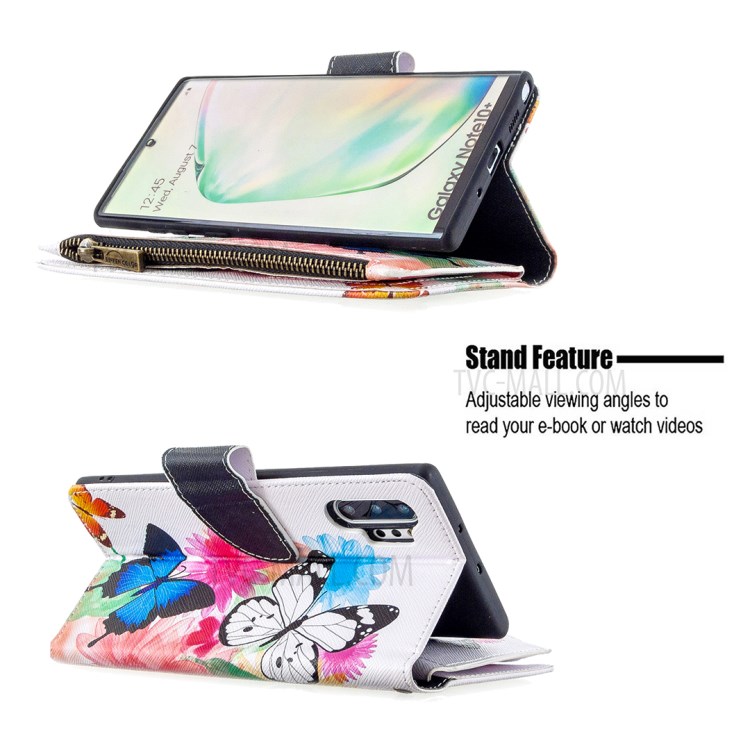 Patterned Zipper Wallet with 9 Card Slots Leather Phone Case for Samsung Galaxy Note 10 Plus 5G/Note 10 Plus - Three Butterflies-7