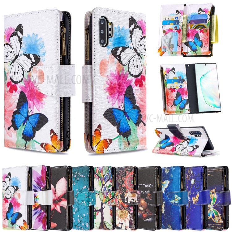 Patterned Zipper Wallet with 9 Card Slots Leather Phone Case for Samsung Galaxy Note 10 Plus 5G/Note 10 Plus - Three Butterflies-9