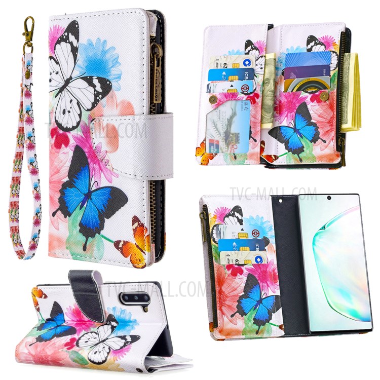 Patterned Zipper Wallet Leather Phone Case for Samsung Galaxy Note 10/Note 10 5G - Three Butterflies-1