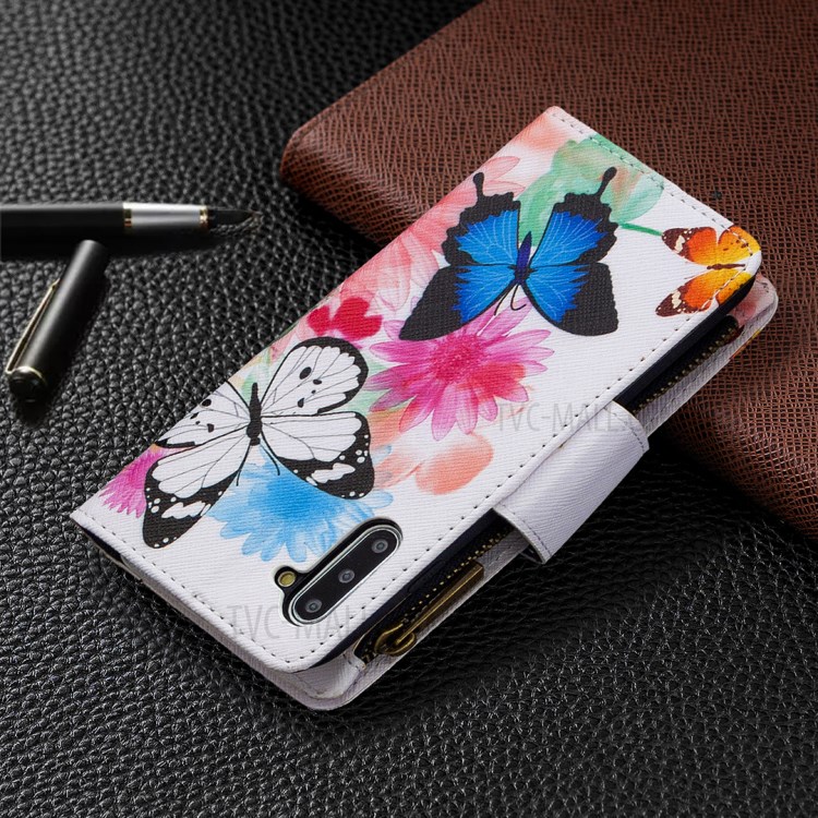 Patterned Zipper Wallet Leather Phone Case for Samsung Galaxy Note 10/Note 10 5G - Three Butterflies-3