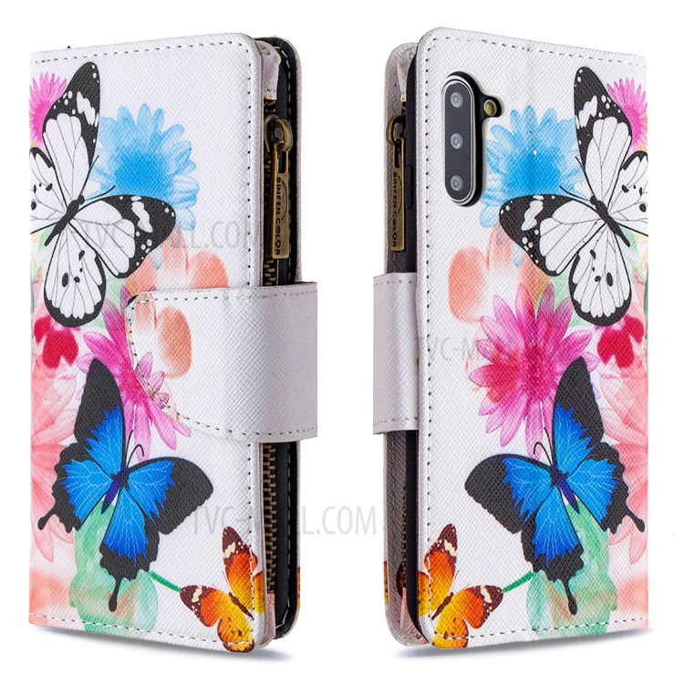 Patterned Zipper Wallet Leather Phone Case for Samsung Galaxy Note 10/Note 10 5G - Three Butterflies-6