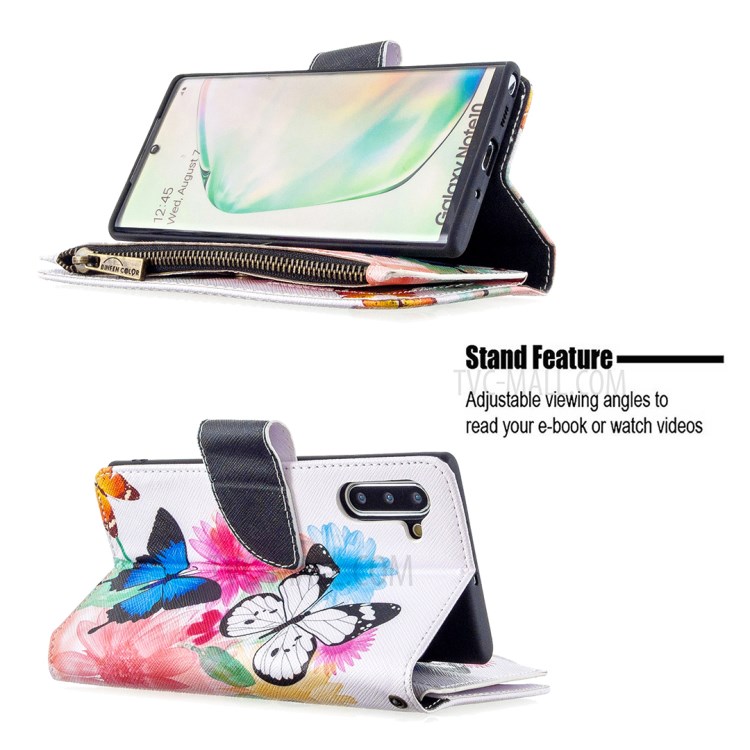 Patterned Zipper Wallet Leather Phone Case for Samsung Galaxy Note 10/Note 10 5G - Three Butterflies-7