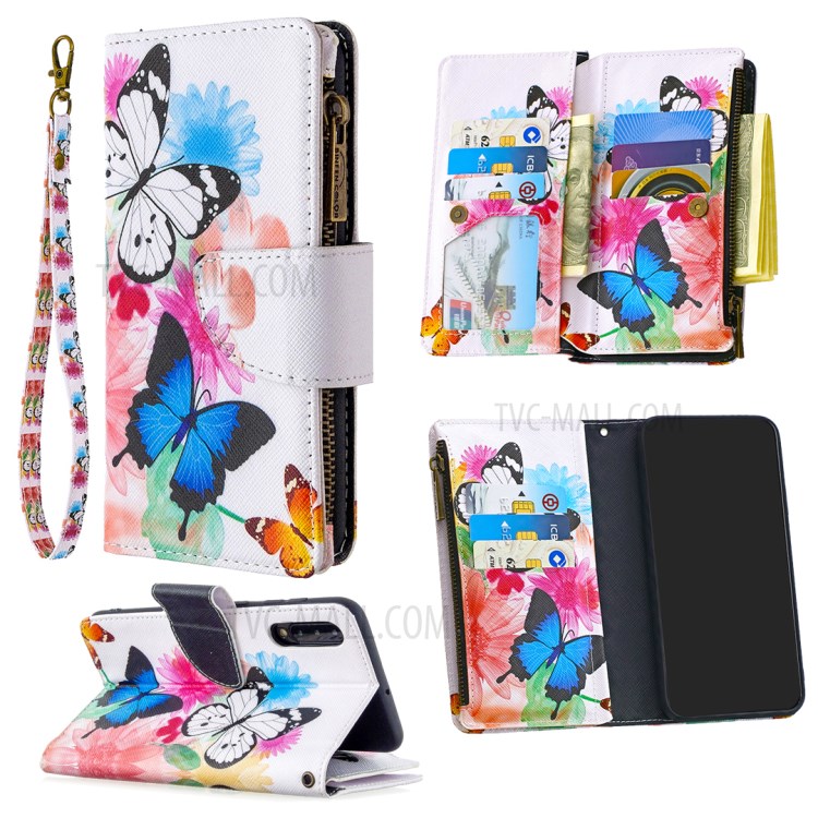 Patterned Zipper Wallet with 9 Card Slots Leather Stylish Cover for Samsung Galaxy A30s/A50/A50s - Three Butterflies-1