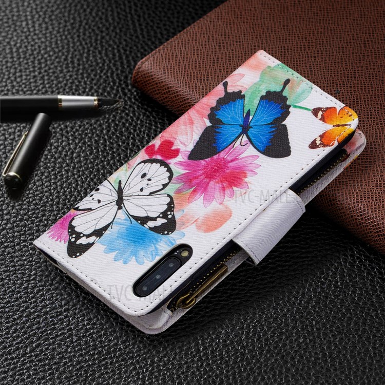 Patterned Zipper Wallet with 9 Card Slots Leather Stylish Cover for Samsung Galaxy A30s/A50/A50s - Three Butterflies-3