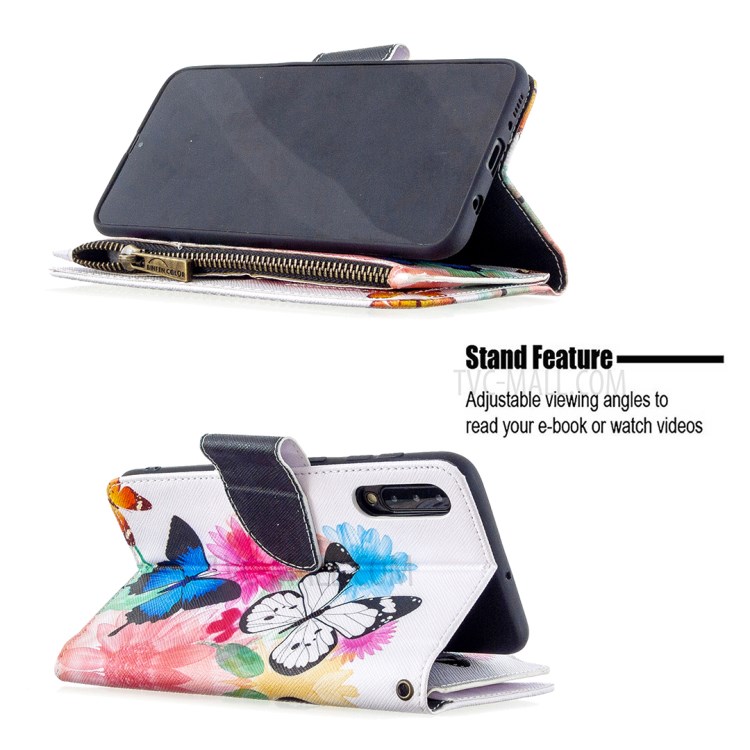Patterned Zipper Wallet with 9 Card Slots Leather Stylish Cover for Samsung Galaxy A30s/A50/A50s - Three Butterflies-7