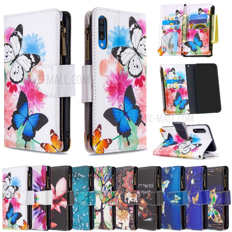 Patterned Zipper Wallet with 9 Card Slots Leather Stylish Cover for Samsung Galaxy A30s/A50/A50s - Three Butterflies-9