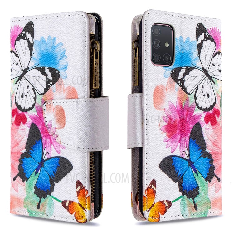 Pattern Printing Stand Wallet Zipper Leather Protective Case for Samsung Galaxy A71 SM-A715 - Butterfly and Flower-6