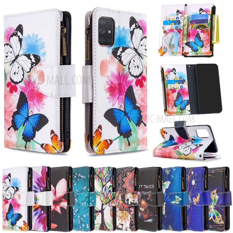 Pattern Printing Stand Wallet Zipper Leather Protective Case for Samsung Galaxy A71 SM-A715 - Butterfly and Flower-9