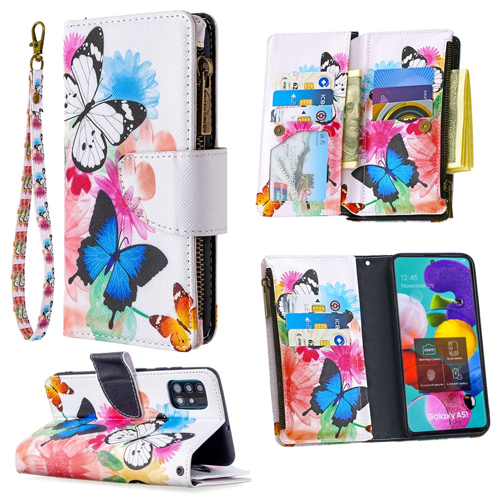 Pattern Printing Leather Mobile Case with Zipper Wallet for Samsung Galaxy A51 SM-A515 - Butterfly and Flower-1