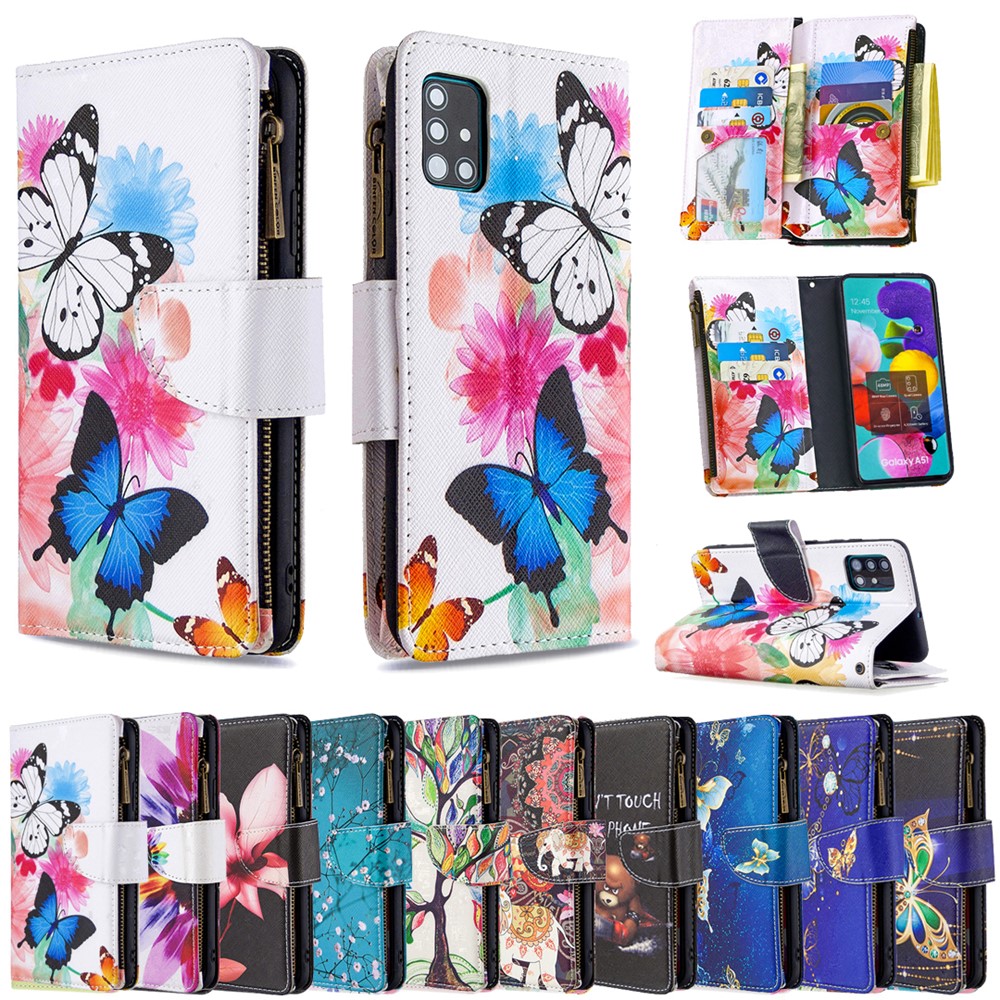 Pattern Printing Leather Mobile Case with Zipper Wallet for Samsung Galaxy A51 SM-A515 - Butterfly and Flower-9