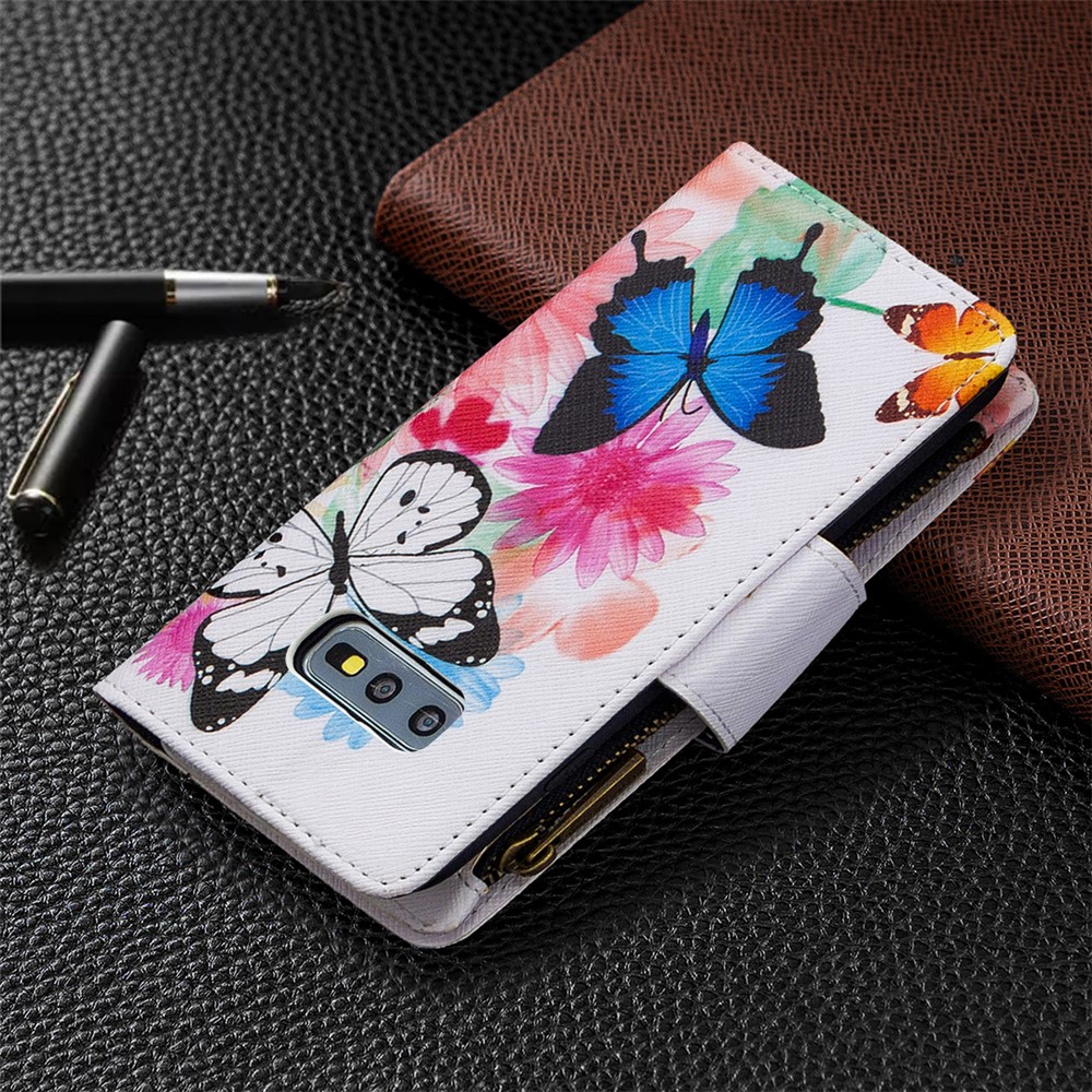 Patterned Zipper Wallet with 9 Card Slots Leather Stylish Cover for Samsung Galaxy S10e - Three Butterflies-3