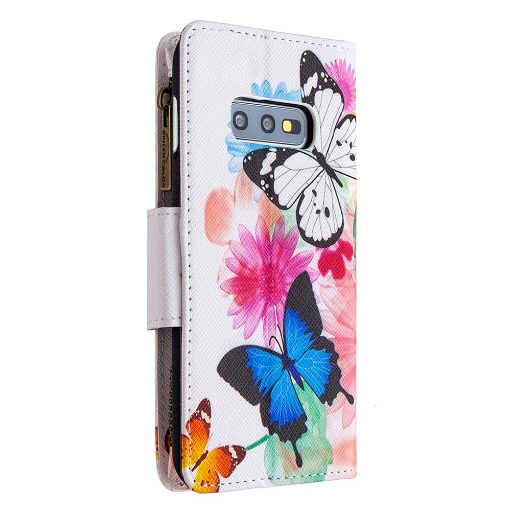 Patterned Zipper Wallet with 9 Card Slots Leather Stylish Cover for Samsung Galaxy S10e - Three Butterflies-5