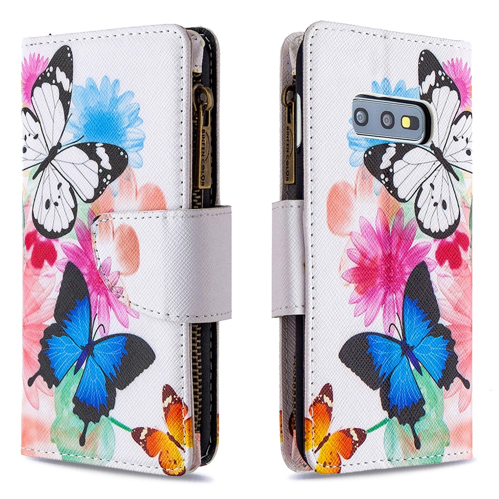 Patterned Zipper Wallet with 9 Card Slots Leather Stylish Cover for Samsung Galaxy S10e - Three Butterflies-6