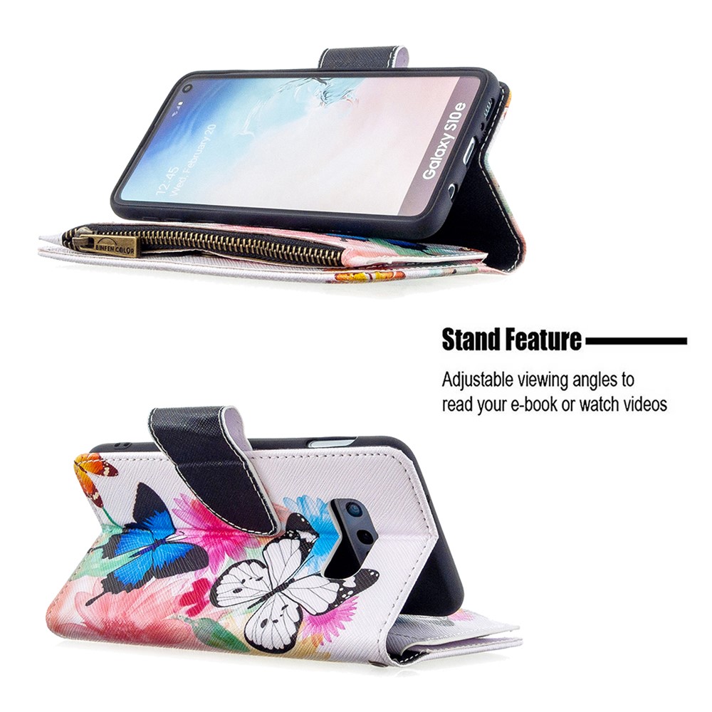 Patterned Zipper Wallet with 9 Card Slots Leather Stylish Cover for Samsung Galaxy S10e - Three Butterflies-7