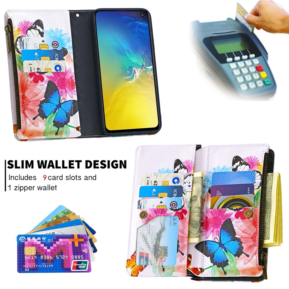 Patterned Zipper Wallet with 9 Card Slots Leather Stylish Cover for Samsung Galaxy S10e - Three Butterflies-8